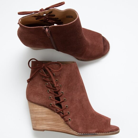 Lucky Brand Shoes - Lucky Brand Javelin Suede Booties Lace Up Peep Toe Wedge Heel Boot Size 9.5